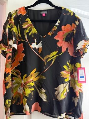 Vince Camuto Black Floral V-Neck Blouse with Orange and Lime Accents